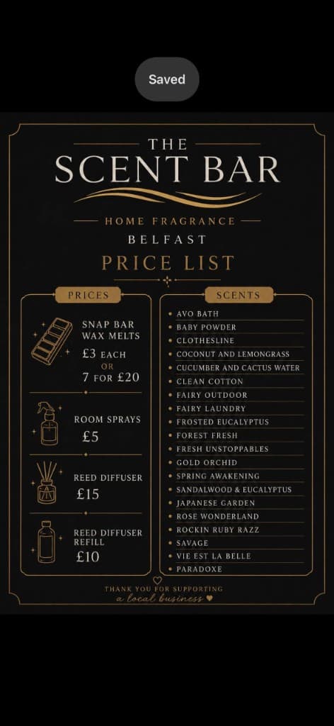 The Scent Bar Belfast Price List